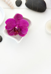Obraz na płótnie Canvas Spa setting with pink orchids, black stones and bath salts on wood background.