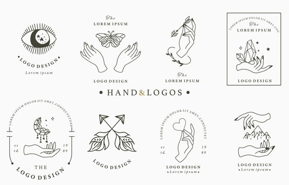 Beauty occult logo collection with hand, butterfly,crystal,moon,eye,star.Vector illustration for icon,logo,sticker,printable and tattoo