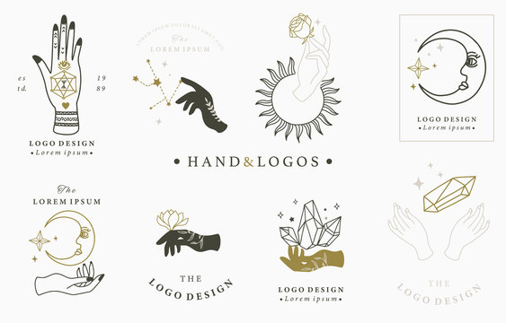 Beauty boho logo collection with hand, rose,crystal,moon,sun,star,eye.Vector illustration for icon,logo,sticker,printable and tattoo
