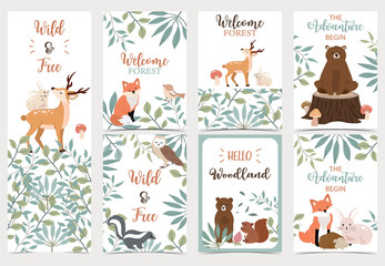 Collection of woodland background set with bear,deer,skunk,fox.Editable vector illustration for website, invitation,postcard and sticker.Wording include the adventure begin