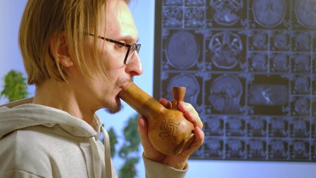 a sick European man in glasses smokes cannabis using bong against a background of a marijuana bush and an MRI image on which is his head. 4k Looped video