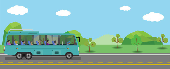 Transportation of bus takes passengers on the roads in areas far from the city. With a beautiful natural environment. © thongchainak