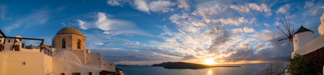 Panorama Oia Village during sunset. Greece Santorini Island