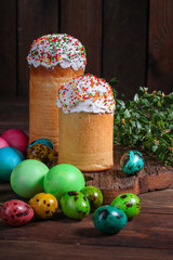 easter cake and easter eggs, traditional holiday design (happy easter) menu concept. food background. top view. copy space