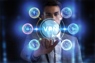 Business, Technology, Internet and network concept. Young businessman working on a virtual screen of the future and sees the inscription: