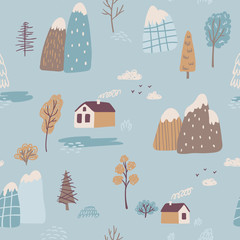 Hand drawn vector illustration seamless pattern with cute houses, trees and mountains. Abstract scandinavian graphic winter landscape concept. Perfect for kids fabric, textile, nursery wallpaper.