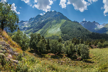 Valley in the Caucasus Mountains, green slopes and blue sky
