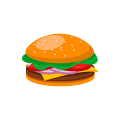 Burger with beef, cheese, lettuce, tomato, cucumber and onion in flat style.