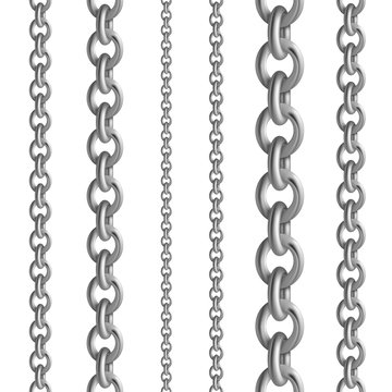 Metal seamless chain collections. Iron steel or silver chains set. Vector illustration metallic border on white background for elegant ladies dress