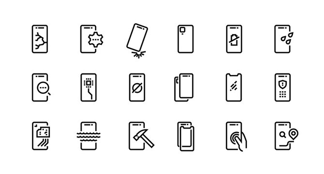 Smartphone repair icons. Dropped phone with cracked screen, broken tempered glass protection, water resistance. Vector set icon cell phones with possible problem and fix it