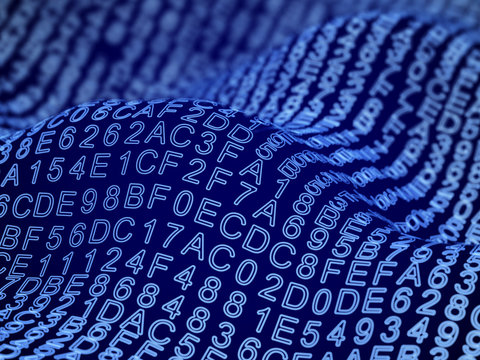 Hexadecimal code on waves at sea of digital information. Abstract visualization of digital sound or data stream on network. Big data analysis or 3D digital landscape background. Vector illustration.