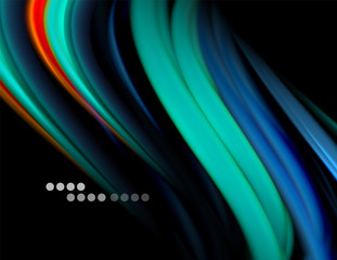 Silk smooth lines on black, liquid fluid color waves. Vector Illustration