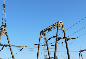 High voltage power transformer substation. Electrical station