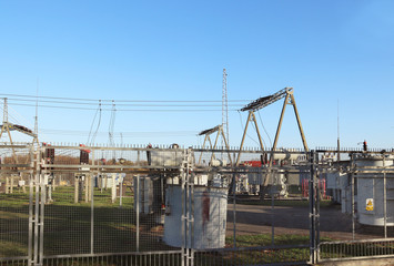 High voltage power transformer substation. Electrical station