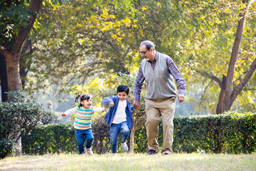 Fototapeta premium Grandfather playing with grandchildren at park