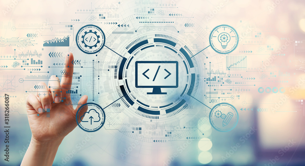 Wall mural web development concept with hand pressing a button on a technology screen