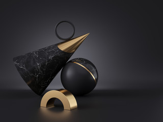 3d render, abstract minimalist geometric objects isolated on black background. Marble texture, golden metal. Copy space. Cone, ball, ring. Stack of primitive shapes, premium futuristic decor elements
