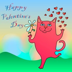 happy valentine`s day greeting card with cat and heart