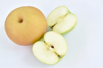 Naklejka na ściany i meble green apple healthy fruit half cut on white background