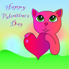 happy valentine`s day greeting card with cat and heart