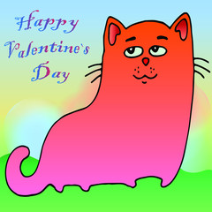 happy valentine`s day greeting card with cat and heart