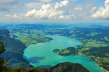 Fototapeta premium Panoramic view from Schafberg monutain to Mondsee, Austrian Alps, next to Sankt Wolfgang im Salzkammergut