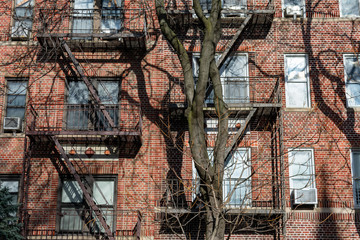 Red Brick Residential Building with Fire Escapes and Trees in Astoria Queens New York