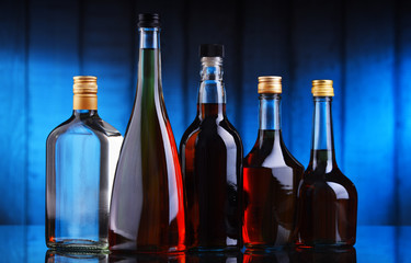 Bottles of assorted alcoholic beverages.