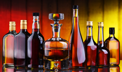 Bottles of assorted alcoholic beverages.