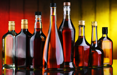 Bottles of assorted alcoholic beverages.