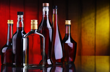 Bottles of assorted alcoholic beverages.