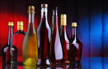 Bottles of assorted alcoholic beverages.