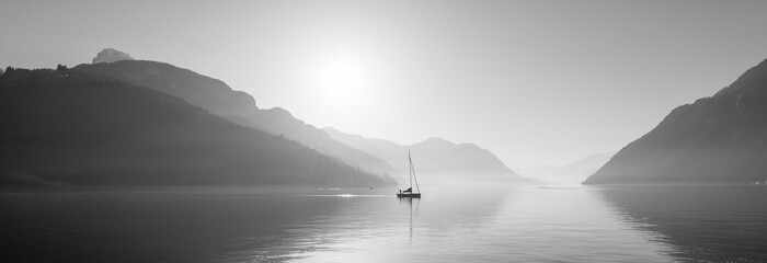 Landscape with mountains and a lake in black and white. - 318271646