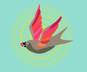 illustration of a flying swallow with the tongue on the background of blue sky and yellow sun