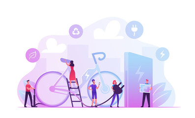 People Using Electric Bike in Big City. Male and Female Characters Bicycle for Traveling, Sports Life or Spare Time. Eco Transport Ecology Protection Healthy Lifestyle Cartoon Flat Vector Illustration