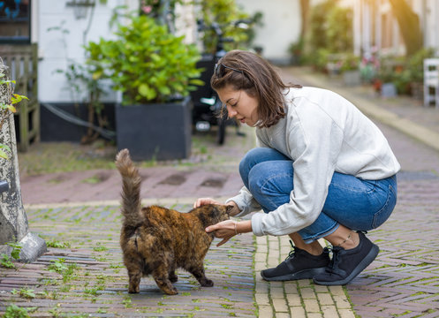 A young woman is affably stroking a stray cat on a city street.