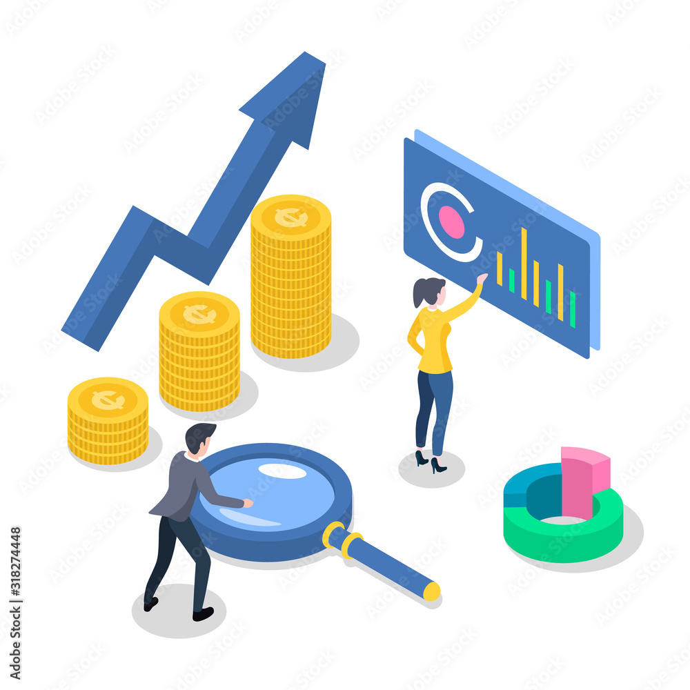 Aufkleber accounting and audit isometric color vector illustration. revenue increase. economic growth. workers