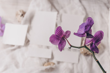 Wedding invitation mockup with orchid, papers on white textile background. Top view, flat lay. Wedding stationary. Perfect for presentation of your invitation, menu, greeting cards