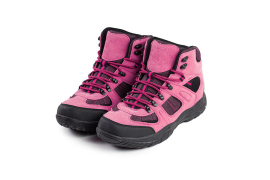 men's winter boots pink for expeditions of travel isolated the a white background