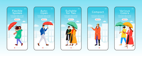 Umbrellas onboarding mobile app screen flat vector template. Flexible spokes. Compact umbel. Walkthrough website steps with characters. UX, UI, GUI smartphone cartoon interface, case prints set