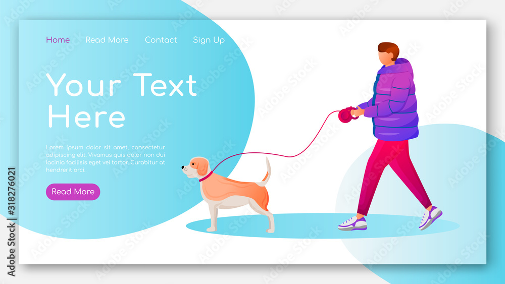 Poster man in coat landing page flat color vector template. caucasian guy walking dog homepage layout. rain