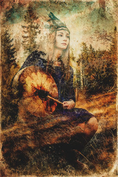 beautiful shamanic girl playing on shaman frame drum in the nature. Computer collage and painting effect.