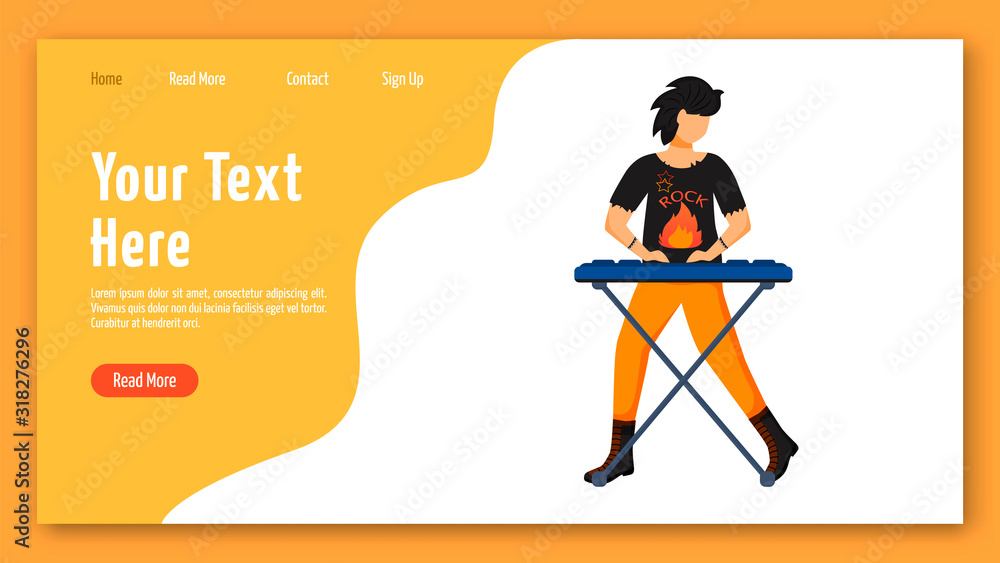 Poster keyboardist landing page vector template. keyboard player website interface idea with flat illustrat