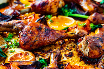 Sheet-pan barbecue chicken drumsticks with roast vegetables