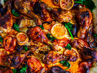Sheet-pan barbecue chicken drumsticks with roast vegetables