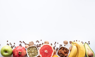 Top panorama view of selected healthy vegan and clean foods