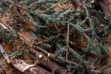 End of christmas fir tree cut into pieces