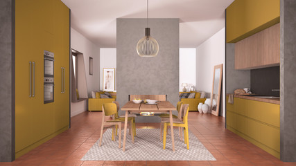 Cosy yellow and wooden kitchen with dining table and chairs, concrete modern fireplace and walls, living room with sofa, terracotta tile floors, contemporary interior design