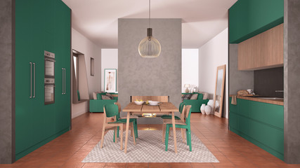 Cosy turquoise and wooden kitchen with dining table and chairs, concrete modern fireplace and walls, living room with sofa, terracotta tile floors, contemporary interior design