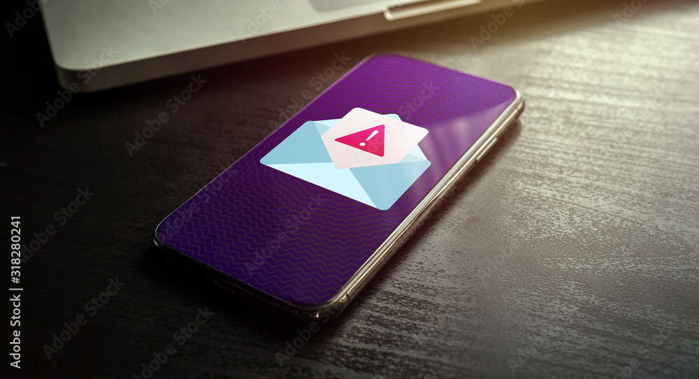 Poster spam distribution or malware spreading virus - smartphone with mail notification with alert and warn